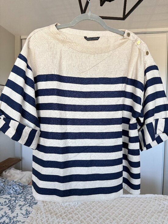 Zara Tops - ZARA Linen Blend Striped Blouse Navy Ecru Gold Shoulder Buttons Size L NWOT